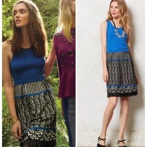 ANTHROPOLOGIE Dress Medium Blue Mini Wool Sweater Tiered Black Tweed Merino Boho